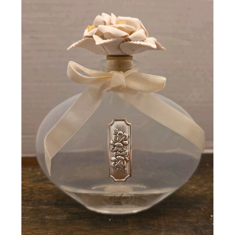 Vtg Cellini Collection Amber Perfume Bottle Porcelain Rose Topper Italy W/ Box